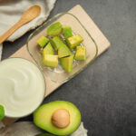 Avocado Avocado Yogurt Products made from avocado Food nutrition concept.